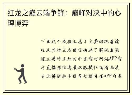 红龙之巅云端争锋：巅峰对决中的心理博弈